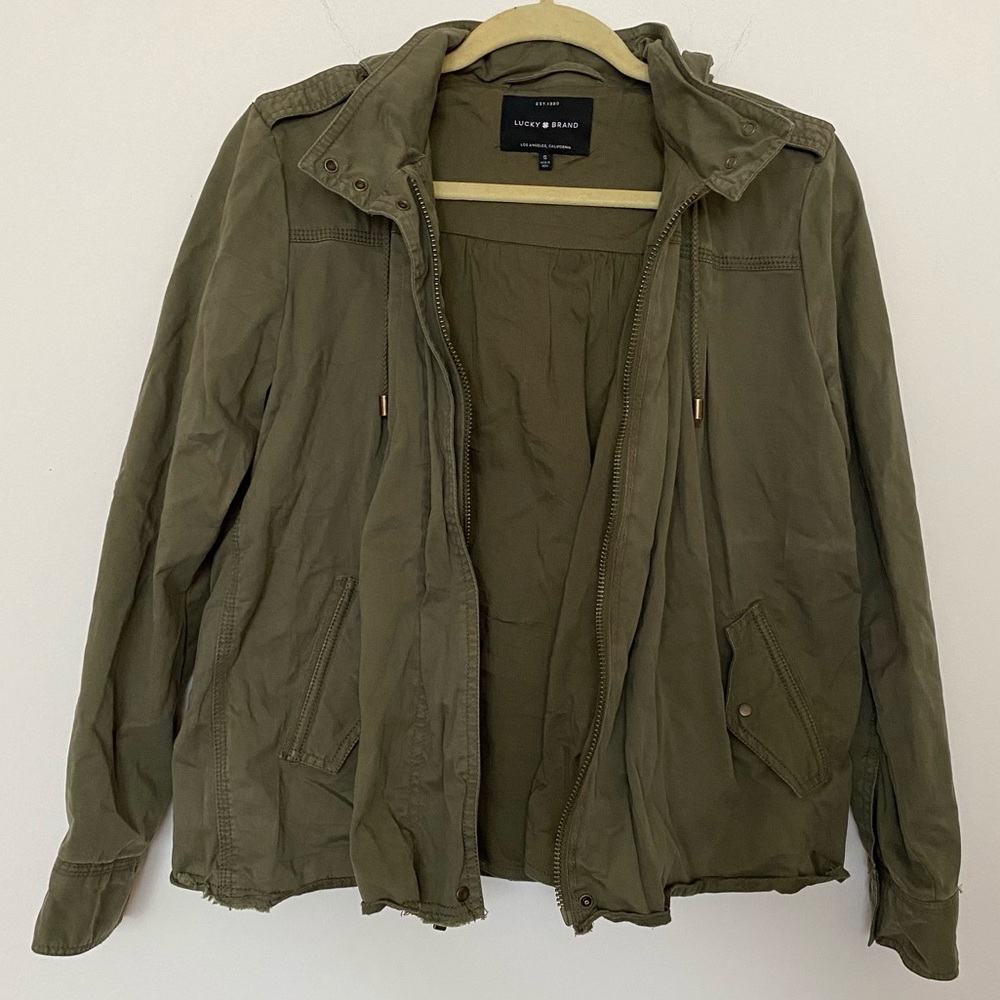 ❤️ Lucky Brand Hooded Army Green Utility Bomber Raw Hem Jacket